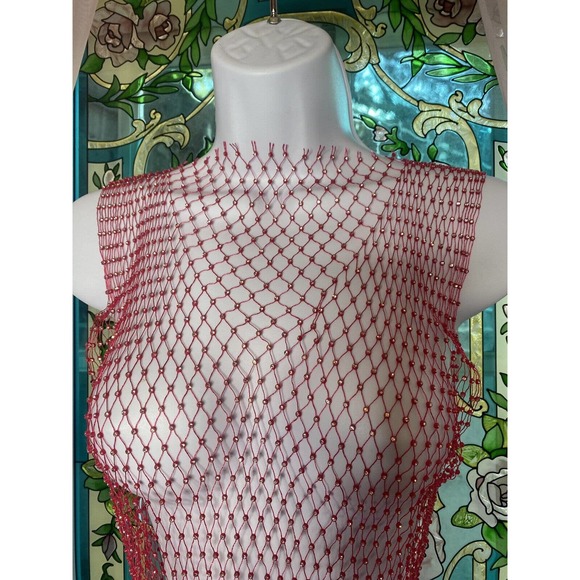 Red Top Sleeveless Rhinestone Wide Mesh Shell Tank Embellished Netting Holiday - Picture 3 of 6